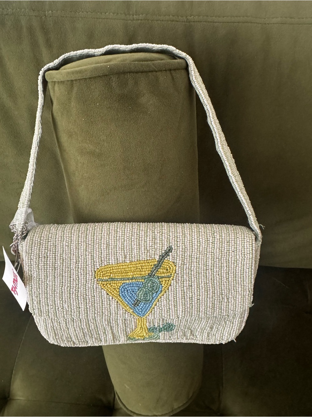 Beaded Cocktail Clutch Shoulder Bag - Ivory with Yellow & Green Cocktail Motif - Picture 5 of 5